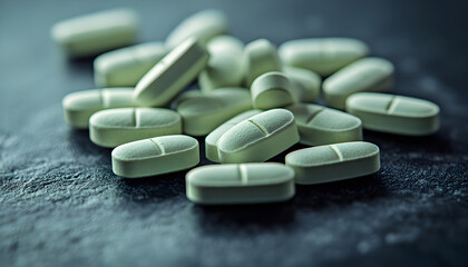 Heap of green round tablets on dark surface. Some pills have division line, others cross shape. Medical capsules for therapy, cure