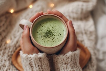 Close up of hands holding a warm matcha latte in a ceramic mug on a cozy knitted background with bokeh lights