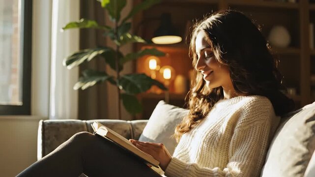 Cozy Retreat Design Woman Reading a Book in a Sunlit Room for Relaxation