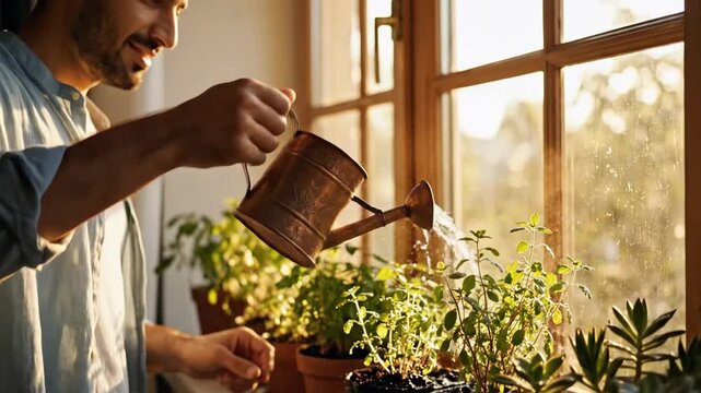 A smiling man engages in the mindful design of his home botanical sanctuary, carefully watering vibrant indoor plants on a sunlit windowsill, an active moment of tranquil horticulture