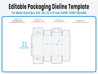 Editable packaging dieline template for wafer roll box. Glue Type Straight Line. Real dimensions with cutting, creasing, and bleed guides. Ready-to-use vector file for printing and production setup.