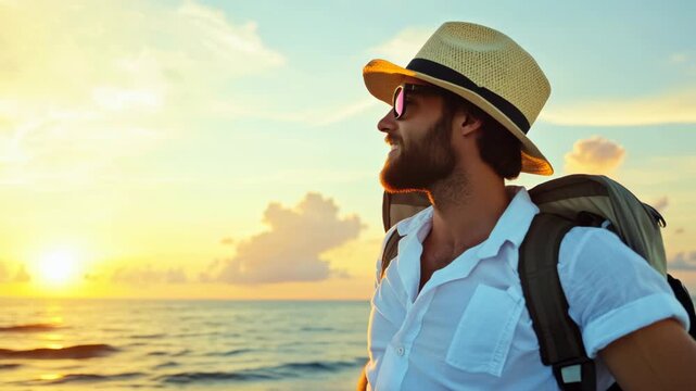 A man with a backpack and sunglasses is smiling at the camera. Concept of happiness and adventure, as the man is enjoying his time at the beach. The combination of the hat, sunglasses