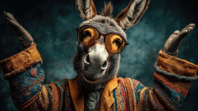 A fashionable donkey, dressed in a fashionable jacket and glasses, dances on a wide banner. Space for text