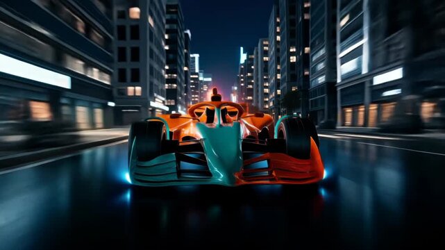 A car is racing down a track with a bright orange and blue color scheme. The car is surrounded by flames, giving the impression of a fiery race