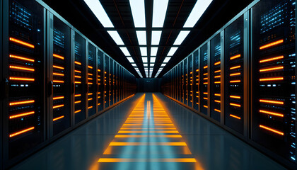 Fototapeta premium Modern data center interior view. Servers operate with lights. Advanced tech infrastructure provides computing power for global