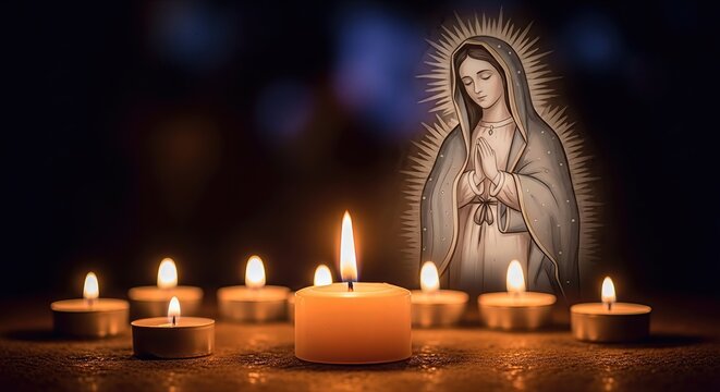 Candlelit vigil honoring Virgin Mary on Immaculate Conception Eve in Colombia, sacred devotional light glowing softly.