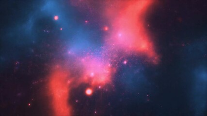 A vivid abstract cosmic nebula featuring glowing red and blue clouds with bright floating particles - Powered by Adobe