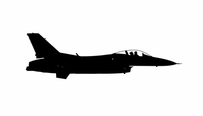 Black and white silhouette of a jet fighter in side view. Bold shapes, clean lines, minimal background, high-contrast vector illustration, dynamic and sleek aircraft design.