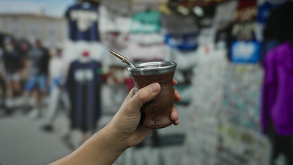 Man holding mate cup on busy outdoor market street showcasing traditional drink culture with blurred vibrant clothing background.