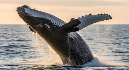 Majestic humpback whale breaches ocean waves during golden hour, showcasing powerful fins and a spectacular display of nature's wonder.