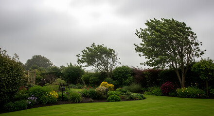 Stunning garden landscape featuring vibrant colorful flowers and lush green lawn under soft cloudy sky adds beauty to any project