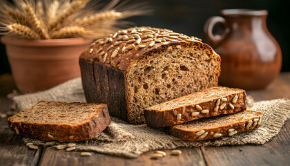 Freshly baked whole wheat bread with seeds sits on a rustic wooden table. Sliced loaf displays crusty texture, fluffy crumb inside.