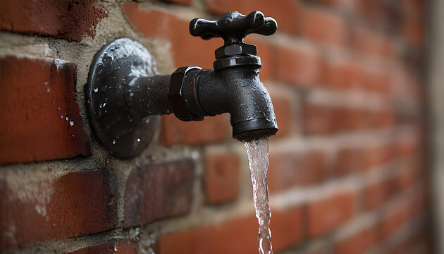 Leaky faucet on red brick wall, water flows wasting resources. Outdoor garden tap with defective plumbing. Droplets splash. Idea for