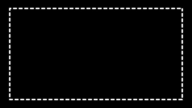 White dashed line frame border seamless loop animation with soft glow effect on black background. 4K animated frame border template for video editing, motion graphics, and promo highlight overlays.