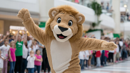 Cheerful lion mascot character entertaining children at a lively event in a shopping mall, showcasing joy and excitement in a festive atmosphere with a crowd