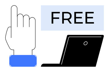 Hand gesture pointing to FREE box with a laptop, emphasizing access, opportunity, and digital methods. Ideal for technology, education, online tools, accessibility, advertising promotions free