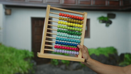Man holding colorful abacus outside on a city street with a house in the background, showcasing vibrant beads against a suburban town setting.