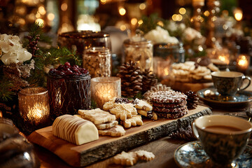 Naklejka premium Christmas luxury table decoration with Christmas cookies