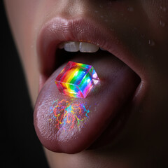 Fototapeta premium Closeup of tongue holding glowing rainbow crystal candy in dark dramatic lighting surreal concept