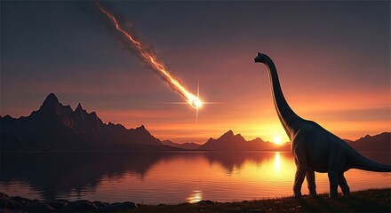A big dinosaur is standing by calm water, looking up. A bright comet is falling from the sky, set against a colorful sunset and mountainous backdrop. It is dusk
