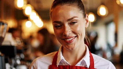 Smiling barista in a red apron stands confidently in a cozy cafe setting with warm lighting and blurred background ready to serve customers with a friendly demeanor and professional service