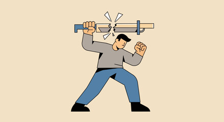 An angry man in a powerful stance breaks a clamped wooden plank, symbolizing frustration and breaking barriers.