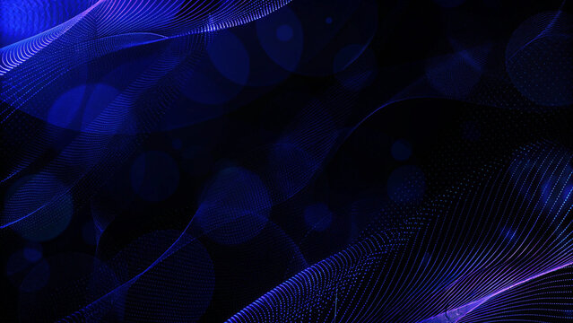 Abstract dark background with flowing blue light lines and blurry bokeh elements in the distance created with generated ai
