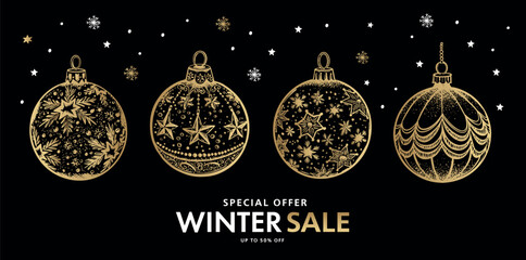 Winter sale, Christmas ball and star set on blue, Hand drawn illustration.	
