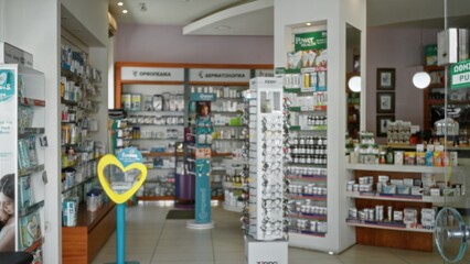 Blurred pharmacy shop with shallow bokeh, defocused aisles and display racks in soft pastel tones; backdrop copyspace template overlay.