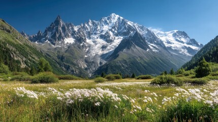 Fototapeta premium Majestic Mountain Range Against Clear Blue Sky with Lush Green Valley and Vibrant Wildflowers in Springtime Scene Captured in Stunning Detail
