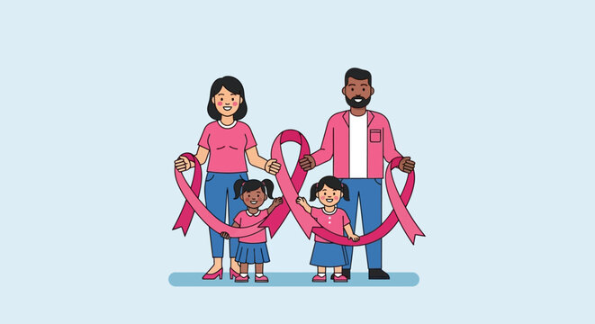 Family holding pink ribbons, symbolizing breast cancer awareness and support for loved ones.