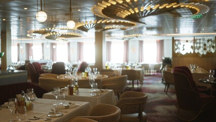 Cruise ship dining area softly defocused interior with blurred tables, chandeliers and window light; background backdrop copyspace calm.
