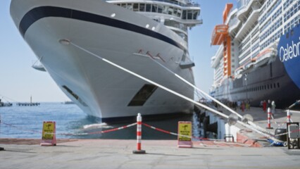 Blurred cruise ship bow at a dock, defocused outdoor background; background backplate backdrop copyspace calm.