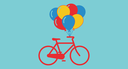 Fototapeta premium A red bicycle with a bunch of colorful balloons floating in the air against a blue background.