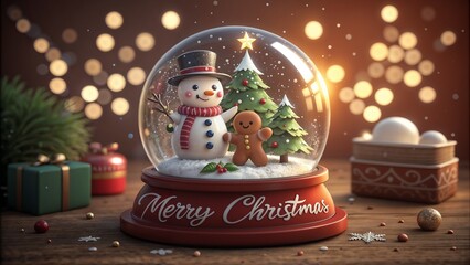Fototapeta premium 3D Snow Globe Cute Merry Christmas Character Card