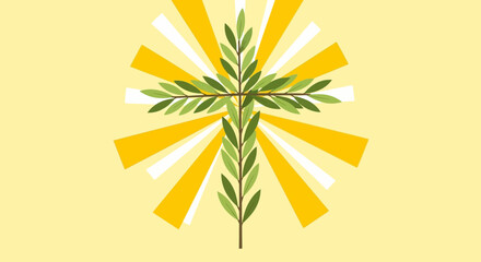 Palm Sunday illustration with cross made of palm leaves and sun rays.