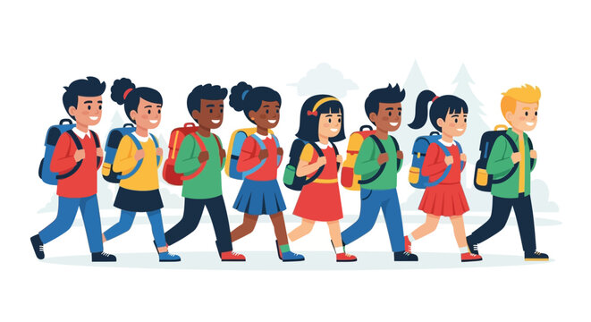 A diverse group of smiling children with backpacks walking together in a line.