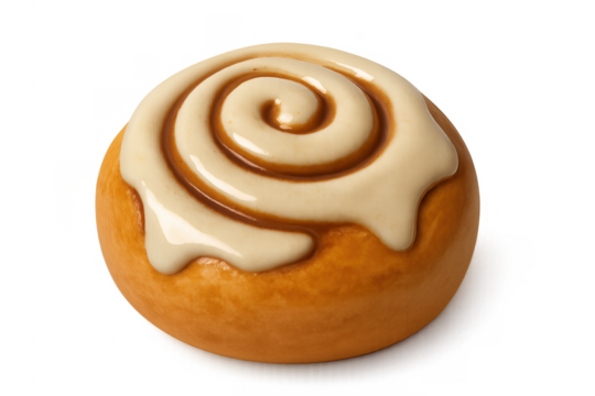 Cinnamon roll with sweet white icing and transparent background