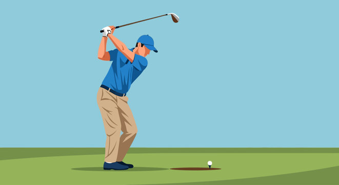 Golfer swinging club on green grass, preparing to hit golf ball. - Powered by Adobe