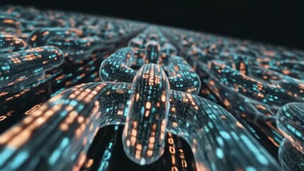 Digital blockchain concept with glowing binary code forming a chain representing secure data transfer and decentralized technology for finance and cybersecurity solutions - Powered by Adobe