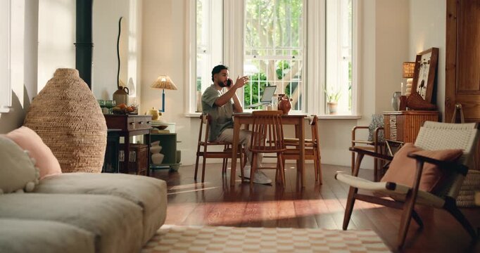 Discussion, man and phone call with laptop in home for source interview, remote work or feedback. Freelancer, journalist or talking to contact for story facts, news question and planning release date