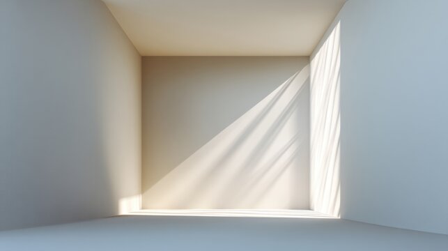 Empty minimalist room with soft light streaming through, perfect for abstract backgrounds and creative design projects showcasing simplicity and tranquility