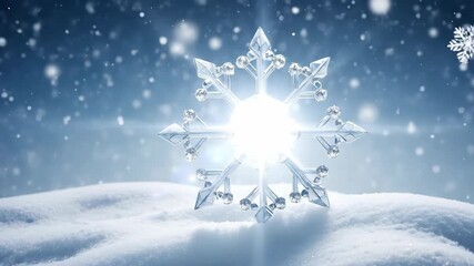 Sparkling crystal snowflake on snowy landscape falling snow - Powered by Adobe