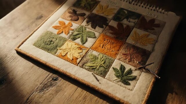 Calendar with stitched leaf designs, on a wooden surface, autumn colors
