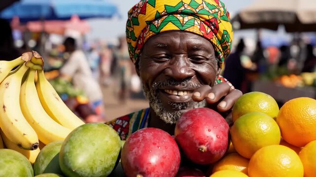 Smiling african vendor with colorful turban displays fresh bananas mangos and oranges at a vibrant outdoor market showcasing local produce and cultural richness under the bright sun