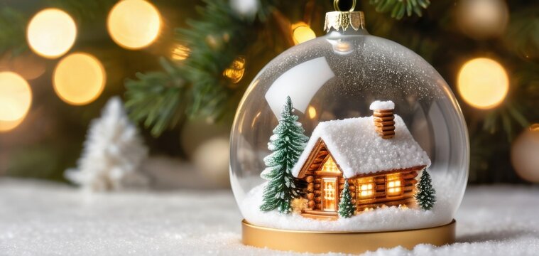 christmas snow globe with cozy cabin, snowy scene, festive lights, concept of holiday, retail, banner
