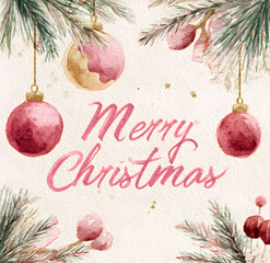 Spread Holiday Cheer with this Festive Watercolor Christmas Design Featuring Pink Ornaments and Evergreen Branches for Cards and Invitations