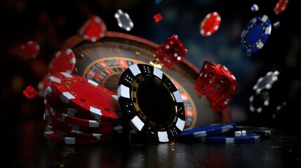 A vibrant scene of a roulette wheel, colorful chips, and cards in a lively casino, full of excitement