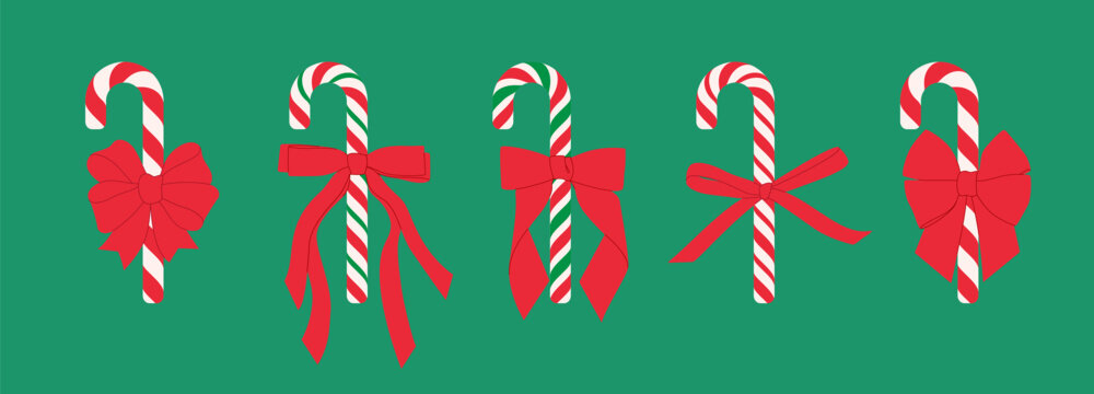 Set of Christmas striped candy cane with red bow, ribbon. Hand drawn decorative element for gift box, present, postcard, banner sale. Isolated flat vector EPS10