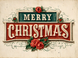 Joyful Merry Christmas greeting card design with festive lettering and floral accents, perfect for vintage holiday promotions and seasonal celebration messages